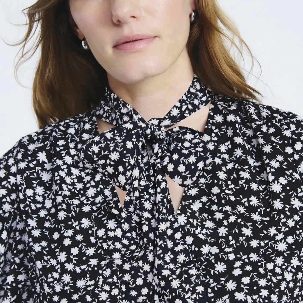 floral bow-neck mini dress - Black/White - Picture 5 of 6